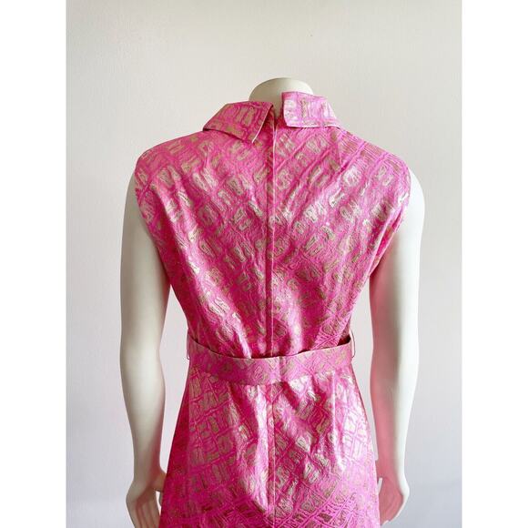 Richard Kaplan 1960s Pink Gold Metallic Thread Belted Vintage Shift Dress Sz 10 - Picture 13 of 16